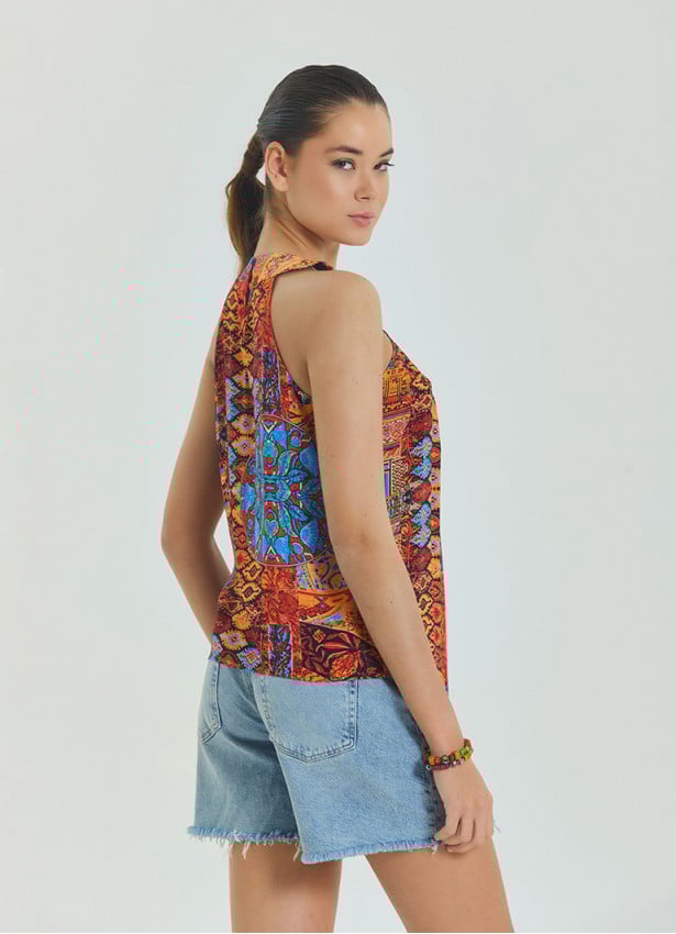 Halter Neck Button Detail Pleated Orange Authentic Blouse 4677